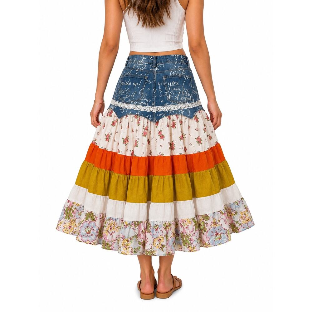 High Rise Size 10 Upcycled Denim Floral Tiered Boho Maxi Skirt Lace OOAK - Picture 9 of 10